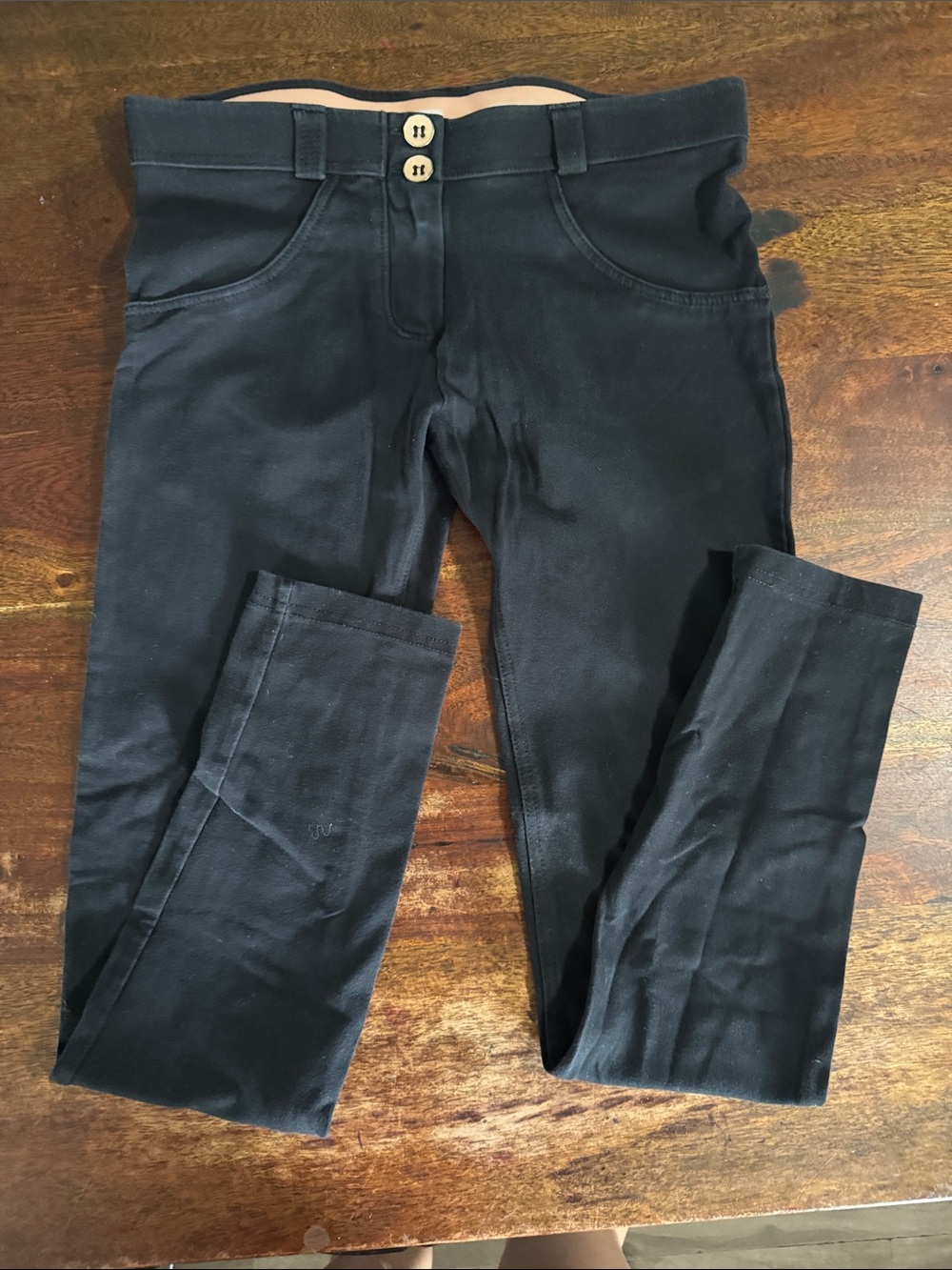 Freddy Black Stretch Jeggings with Double-Waist Buttons, butt lifting